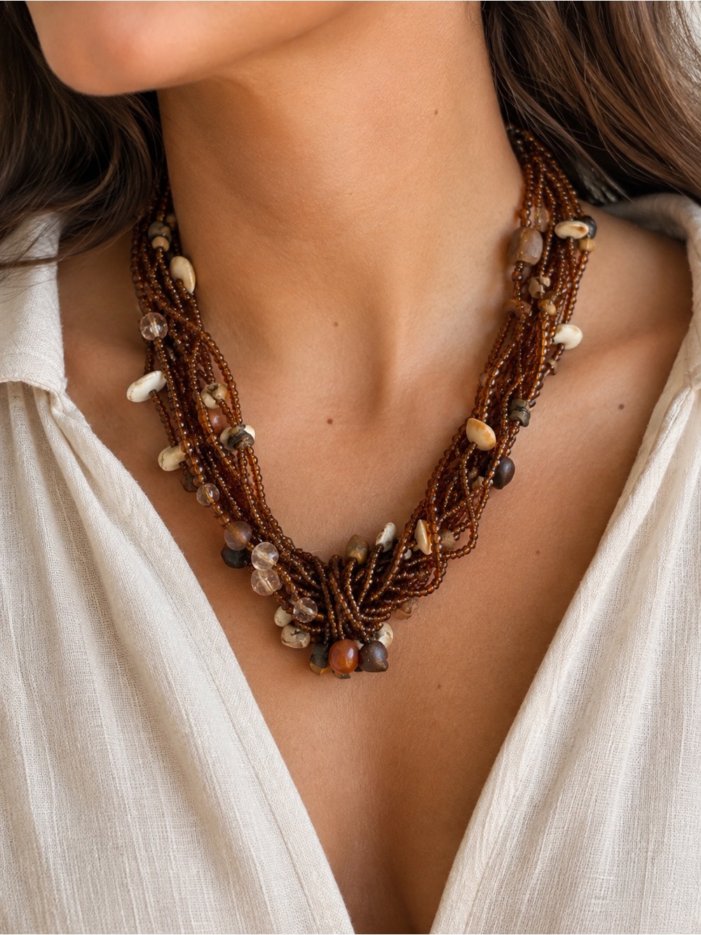 Handmade Colombian Multi-Strand Brown Beaded Boho Statement Necklace